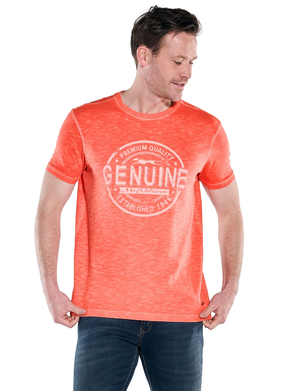 Herren Rundhals Print T-Shirt mit Flammstruktur , Hellrot