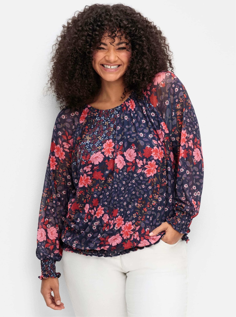 T-Shirt Langarm Blumen Ohne Kragen