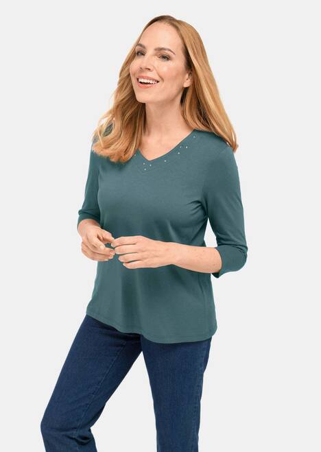 T-Shirt mit charmantem Ausschnitt und Schmucksteinchen