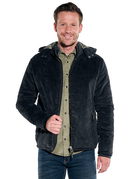 Herren Cord-Jacke mit abnehmbarer Kapuze , Schwarz