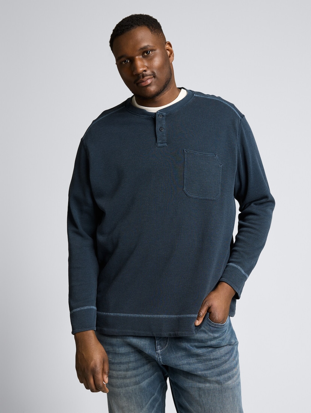 Tom Tailor Men PLUS T-Shirt Plus Size - Henley Langarmshirt mit Waffelstruktur