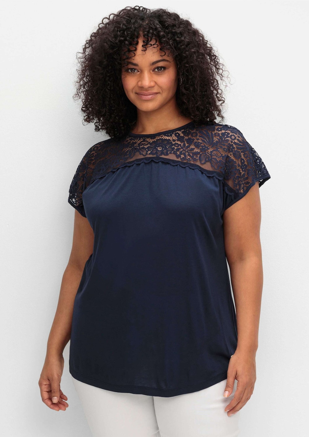 Spitzenshirt Kurzarm Uni Ohne Kragen