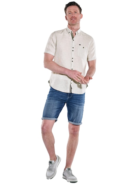 Herren Kurzarm-Hemd mit Leinenanteil , Beige