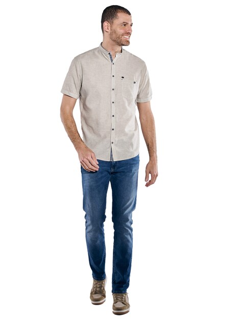 Herren Kurzarm-Hemd mit Leinenanteil , Beige