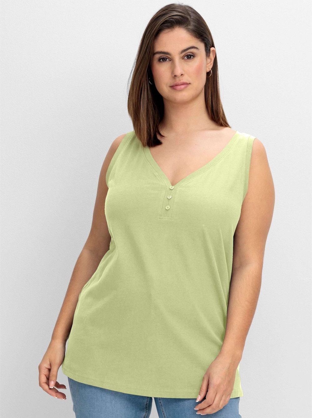 Tanktop Tanktop mit V-Ausschnitt und Zierknopfleiste Ärmellos Uni Ohne Kragen