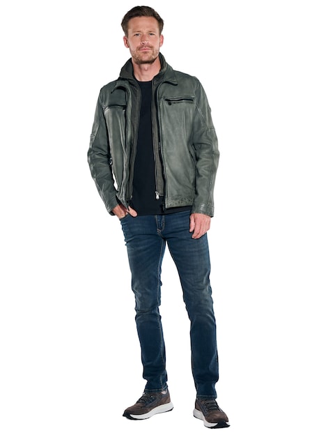 Herren Lederjacke aus Lammleder mit abnehmbarer Blende , Oliv