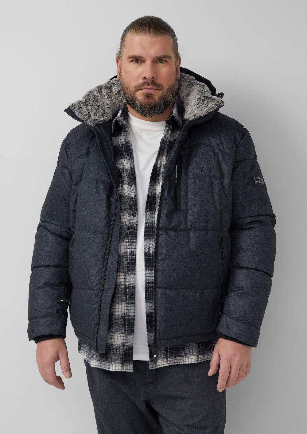 Melierte Pufferjacke mit abnehmbarem Kunstpelz-Innenkragen