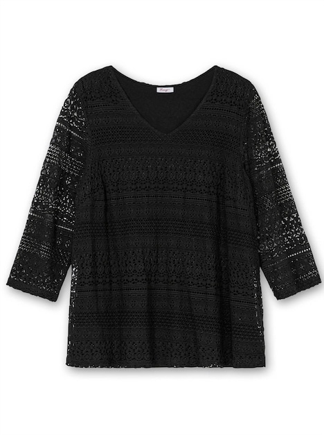 Spitzenshirt 3/4-Arm-Shirt aus elastischer Spitze, gefüttert 3/4-Arm Uni Ohne Kragen