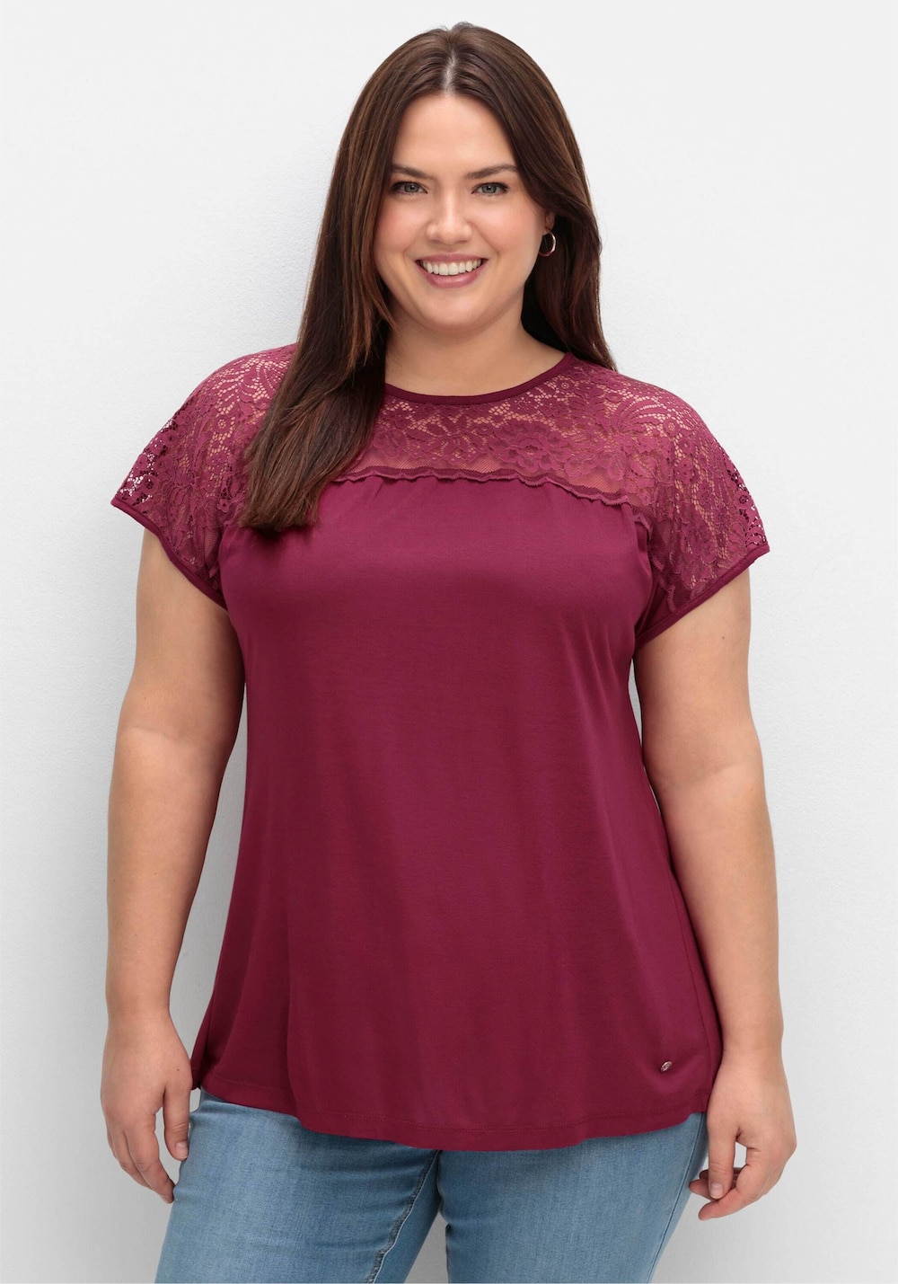 Spitzenshirt Kurzarm Uni Ohne Kragen