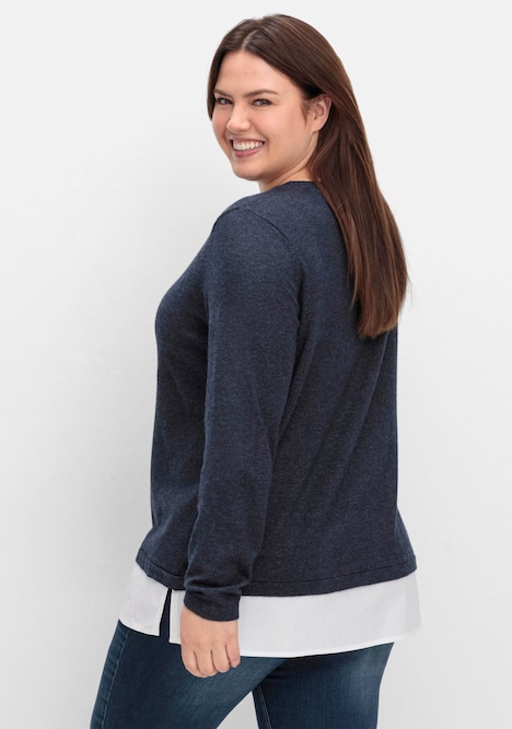 Strickpullover Feinstrickpullover mit Blusen-Einsatz am Saum Langarm Uni Ohne Kragen