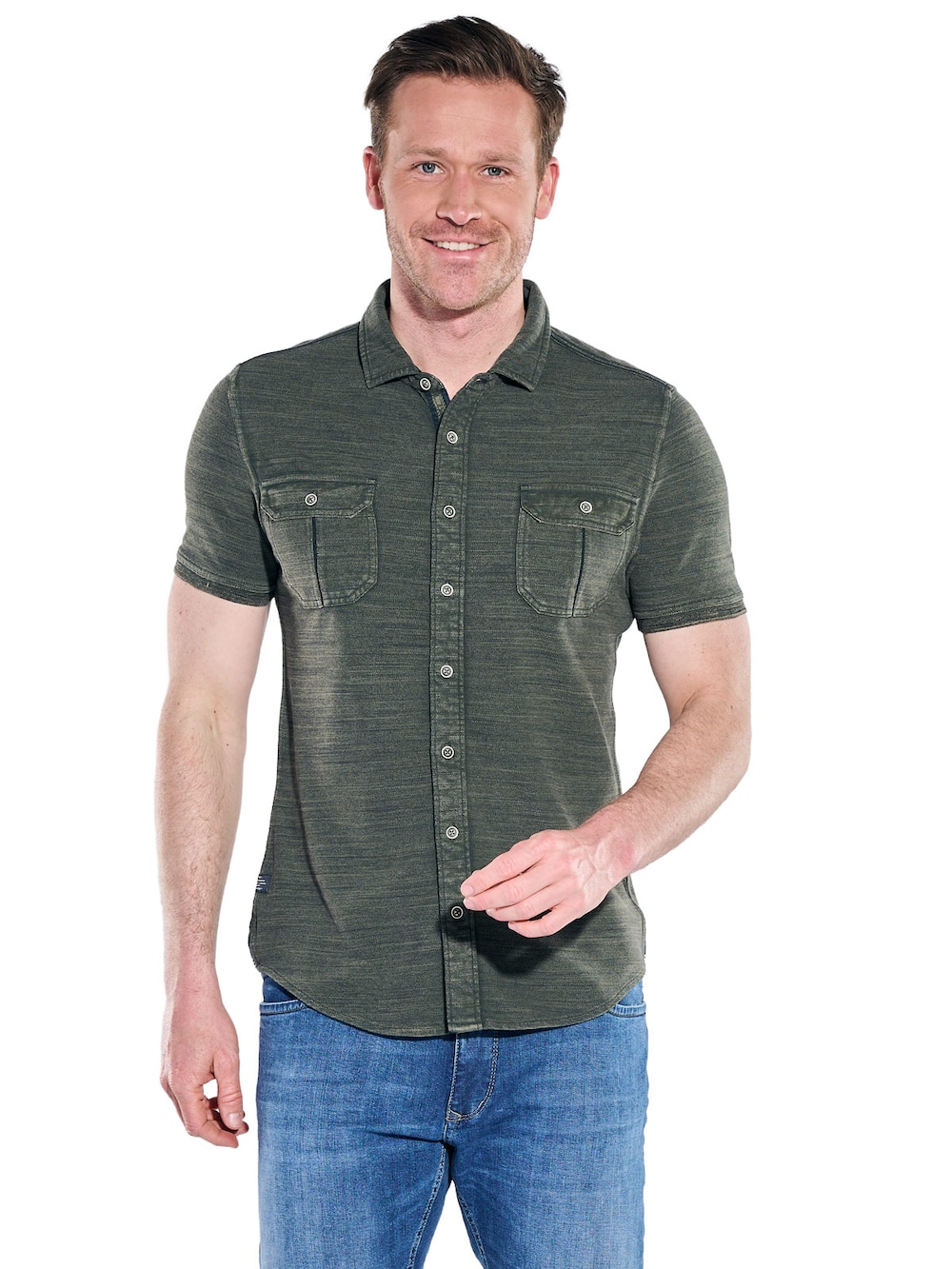 Herren Poloshirt mit durchgehender Knopfleiste , Khaki
