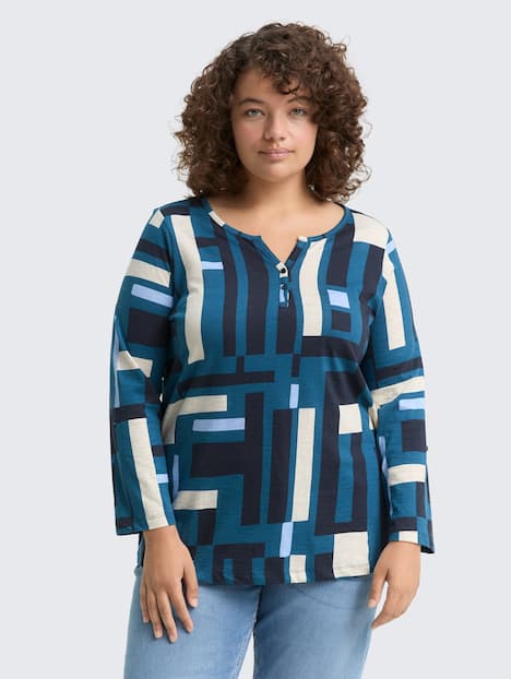 Tom Tailor Women PLUS T-Shirt Plus Size - Henley Blusenshirt mit Muster