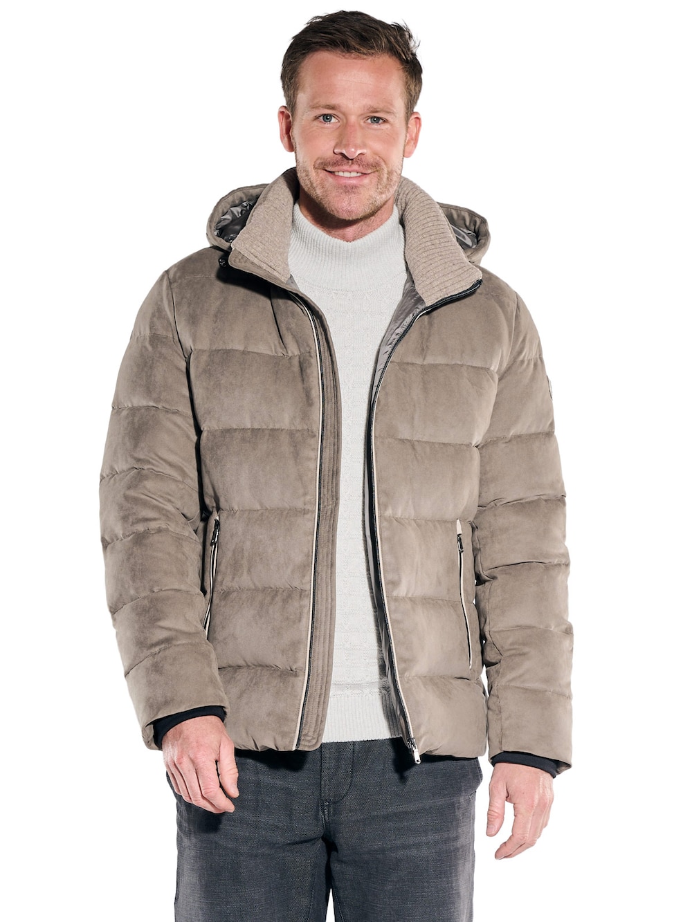 Herren Steppjacke mit abnehmbarer Kapuze , Braunbeige