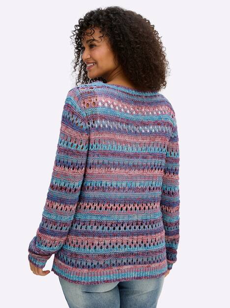 Langarm-Pullover Langarm Grobstrick, Häkeloptik Ohne Kragen