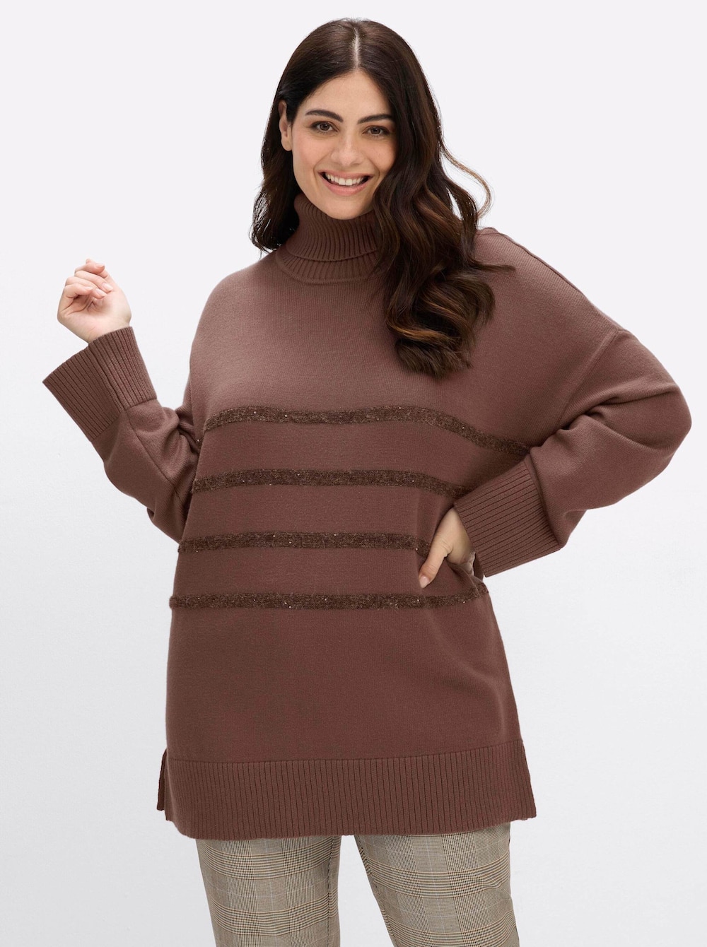 Rollkragen-Pullover Rollkragenpullover mit Pailletten-Streifen Langarm Rollkragen