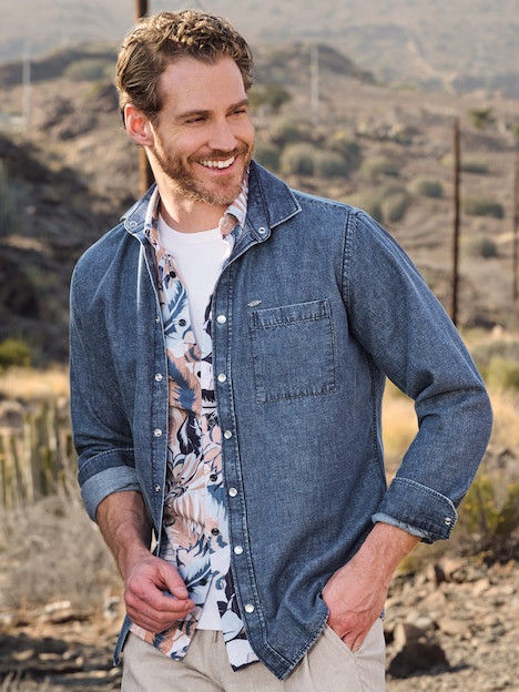 Herren Jeans-Optik Hemd mit Leinenanteil , Indigoblau