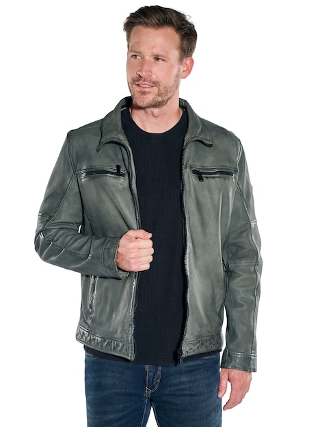 Herren Lederjacke aus Lammleder mit abnehmbarer Blende , Oliv