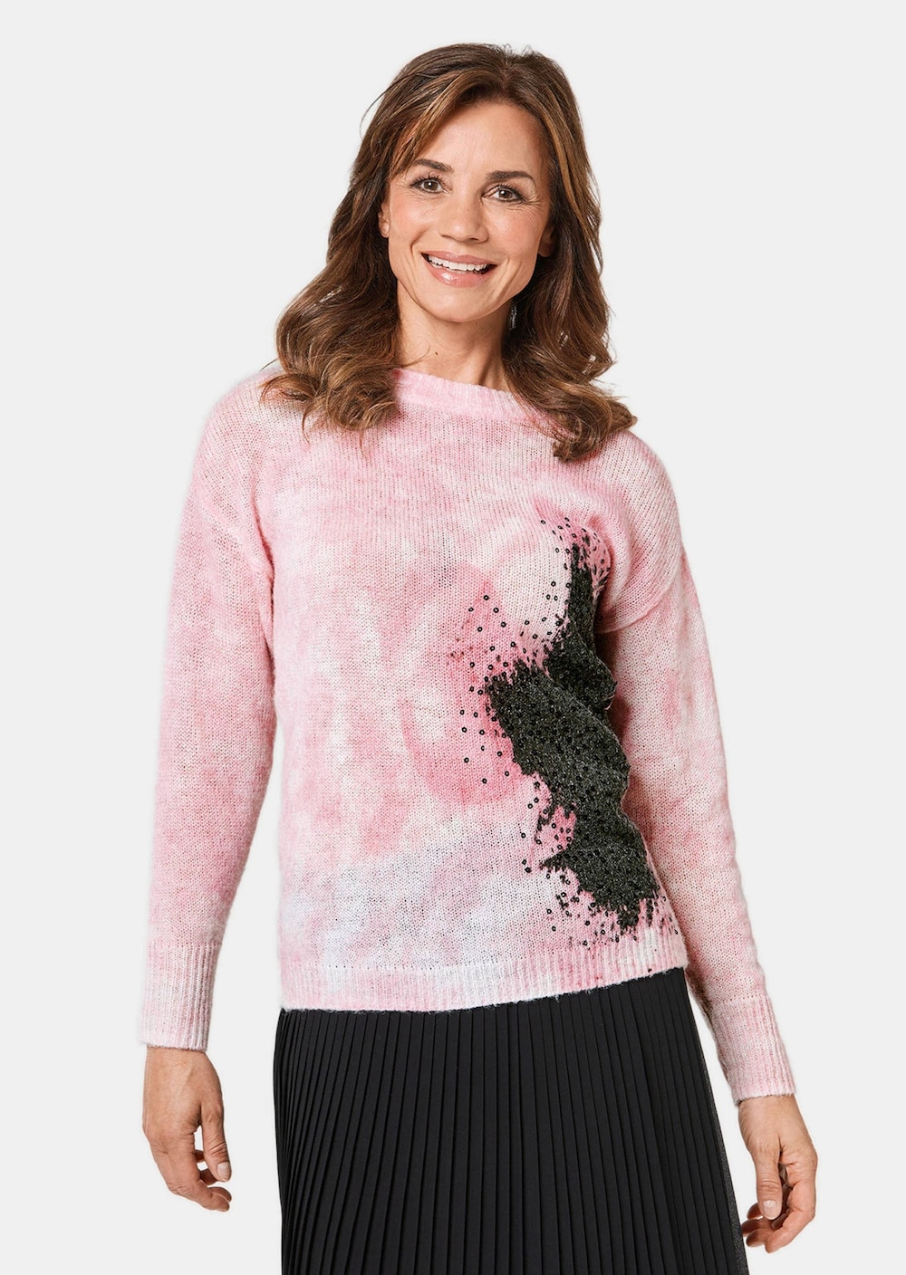 Kurzgröße - Pullover mit femininem Druck und Pailletten