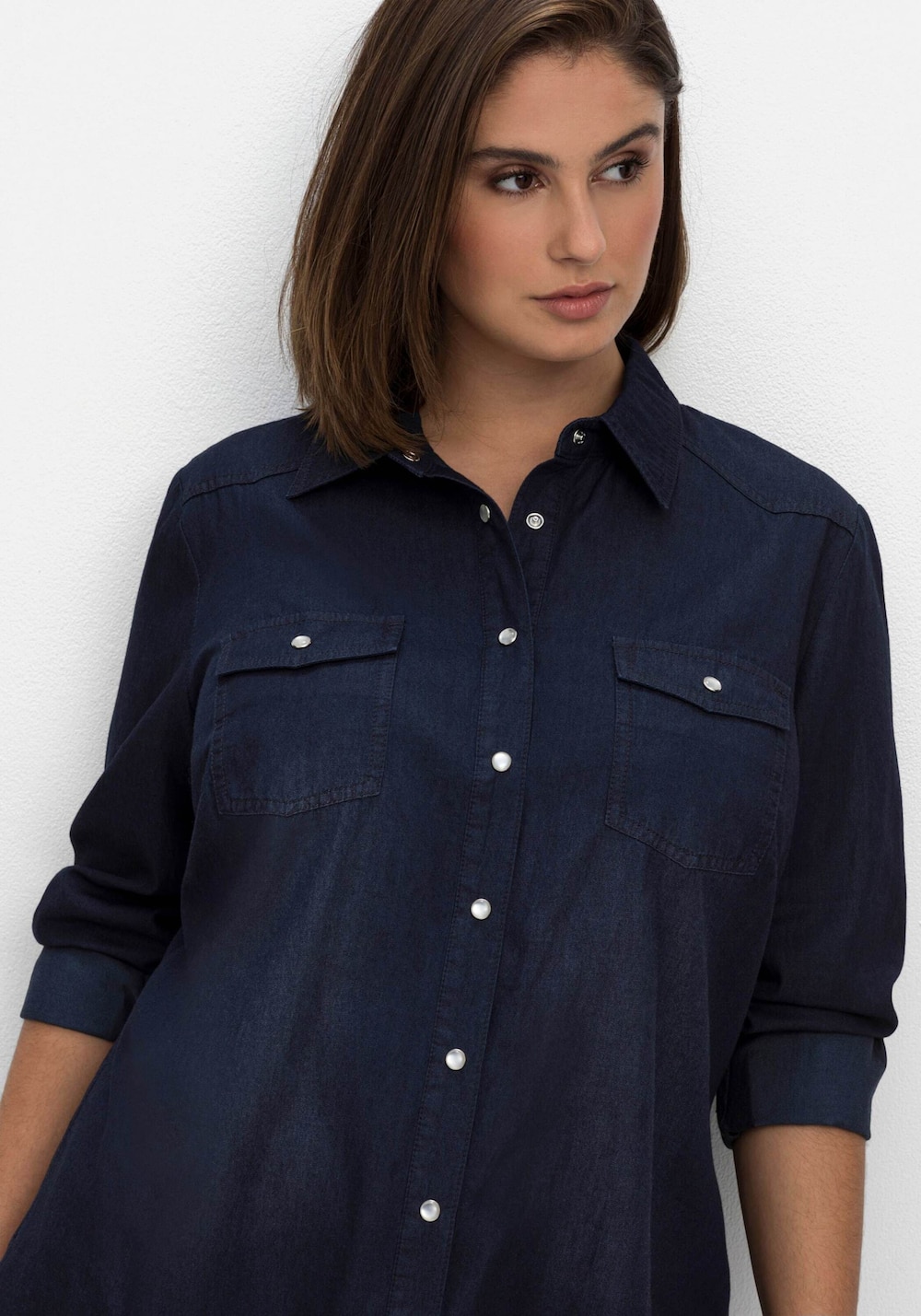 Jeansbluse Jeansbluse mit Druckknöpfen Langarm Uni Hemdkragen