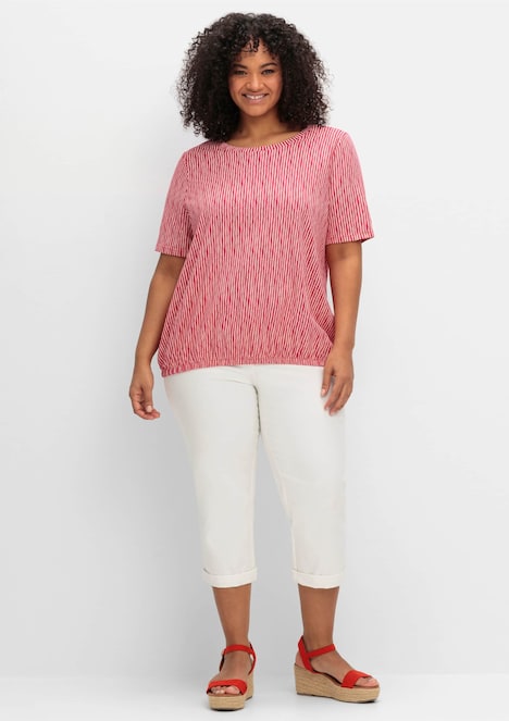Rundhalsshirt Kurzarmshirt mit Minimal-Alloverdruck und Gummizugbund Kurzarm Sonstiges Muster Ohne Kragen