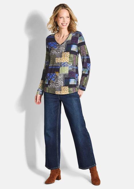 Langarm Viskose-Shirt mit V-Ausschnitt