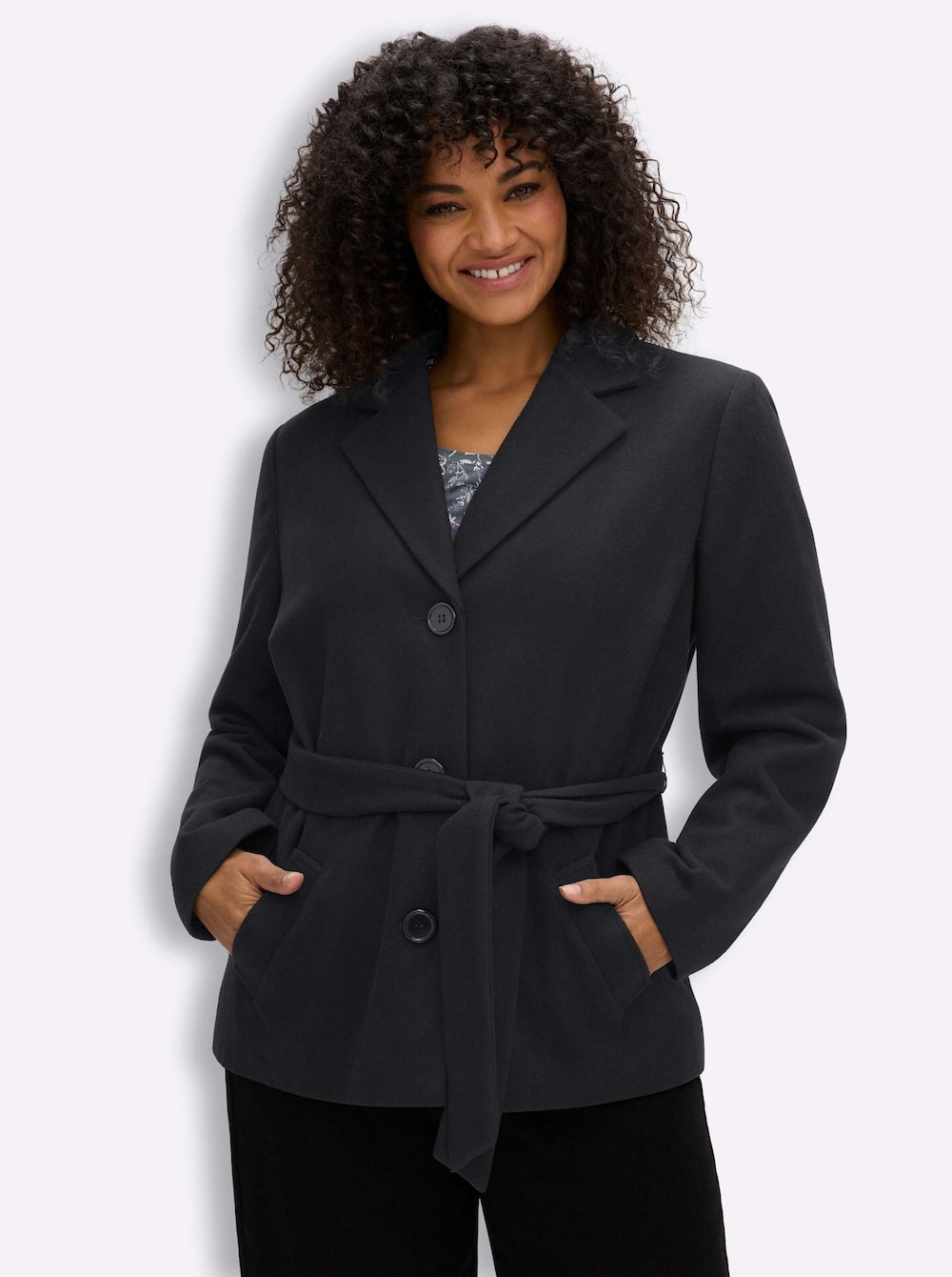 Woll-Jacke Wolljacke mit Bindegürtel Langarm Reverskragen