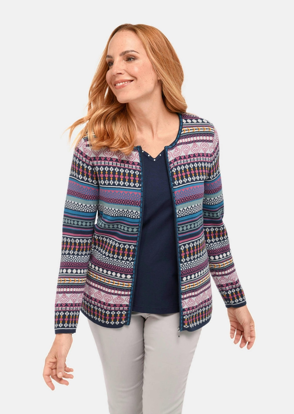Jacke Kurzgröße - Jacquardstrickjacke mit farbenfrohem Ringelmuster