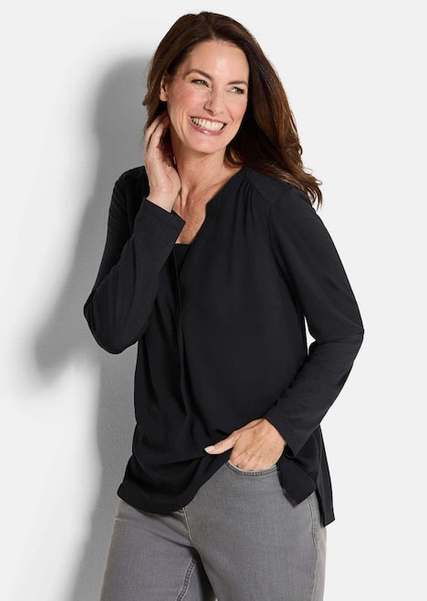 Blusenshirt Langarm Damen Unibluse mit Chiffoneinsatz und Rundhalsaussschnitt