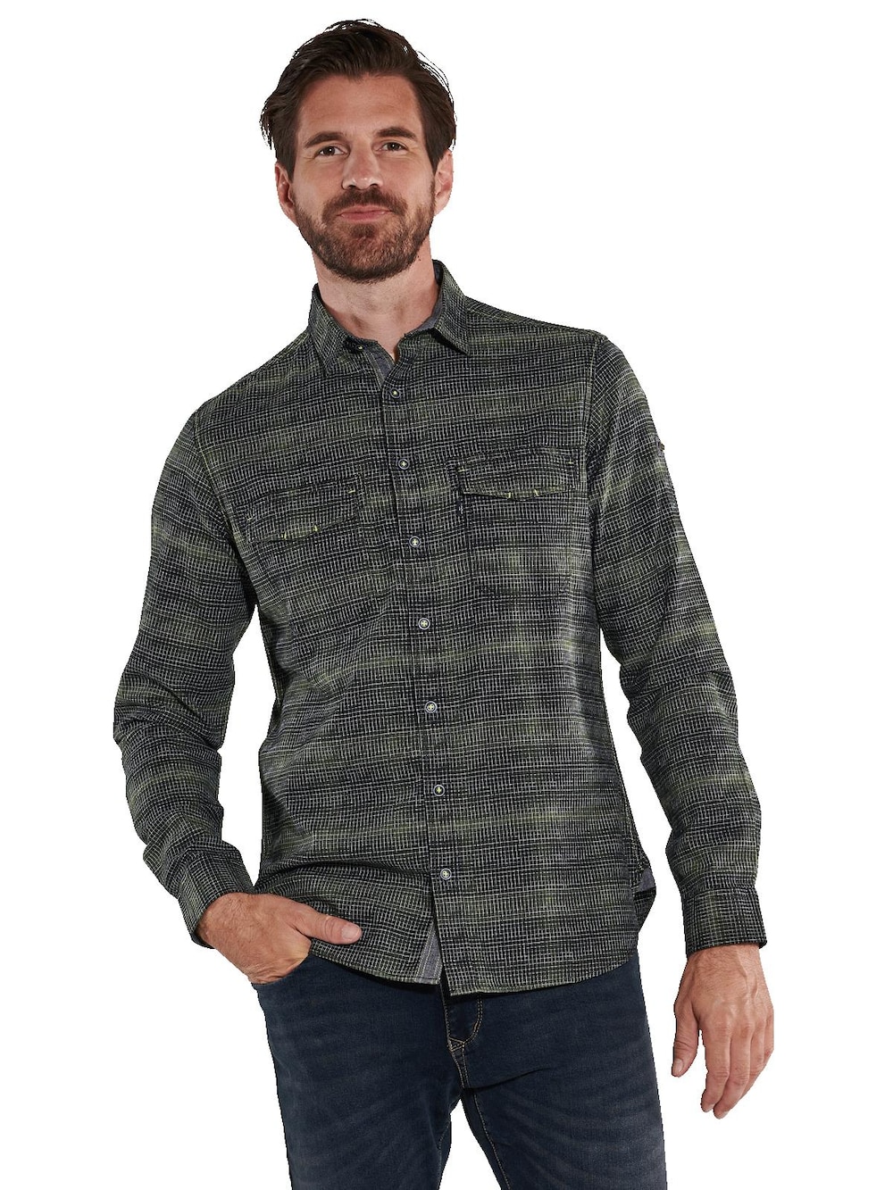 engbers Herren Langarm-Hemd strukturiert , Khaki