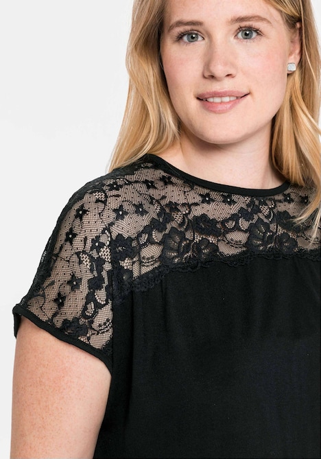 Spitzenshirt Kurzarm Uni Ohne Kragen