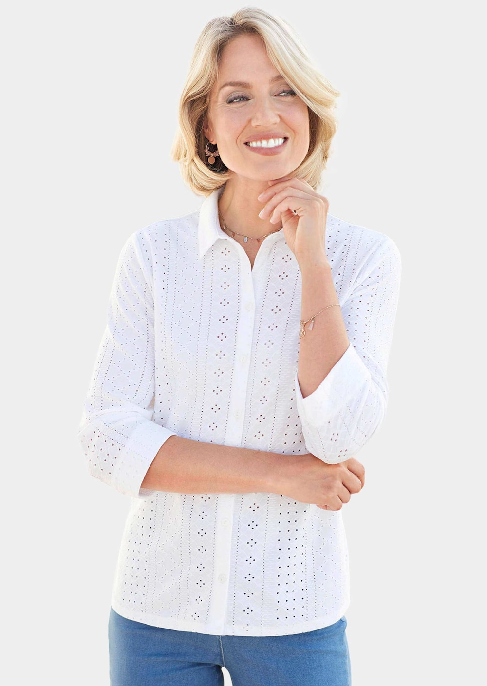 Hemdkragenbluse aus feiner Spitze mit Elasthan