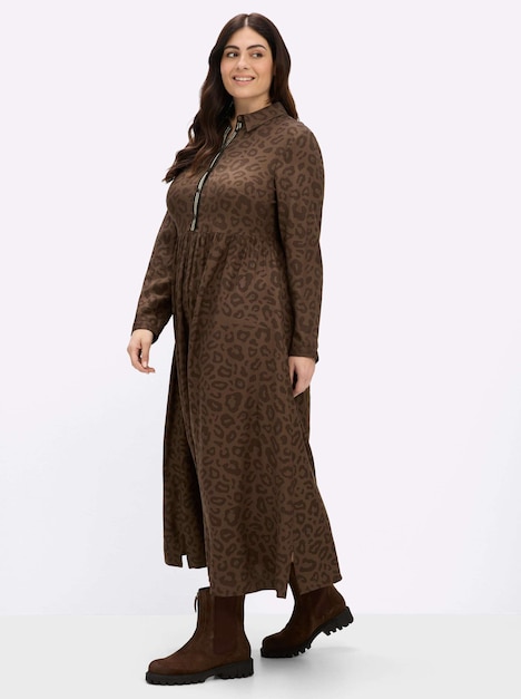 Kleid A-Linien-Kleid mit Leoprint Langarm Blusenkragen