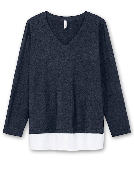 Strickpullover Feinstrickpullover mit Blusen-Einsatz am Saum Langarm Uni Ohne Kragen
