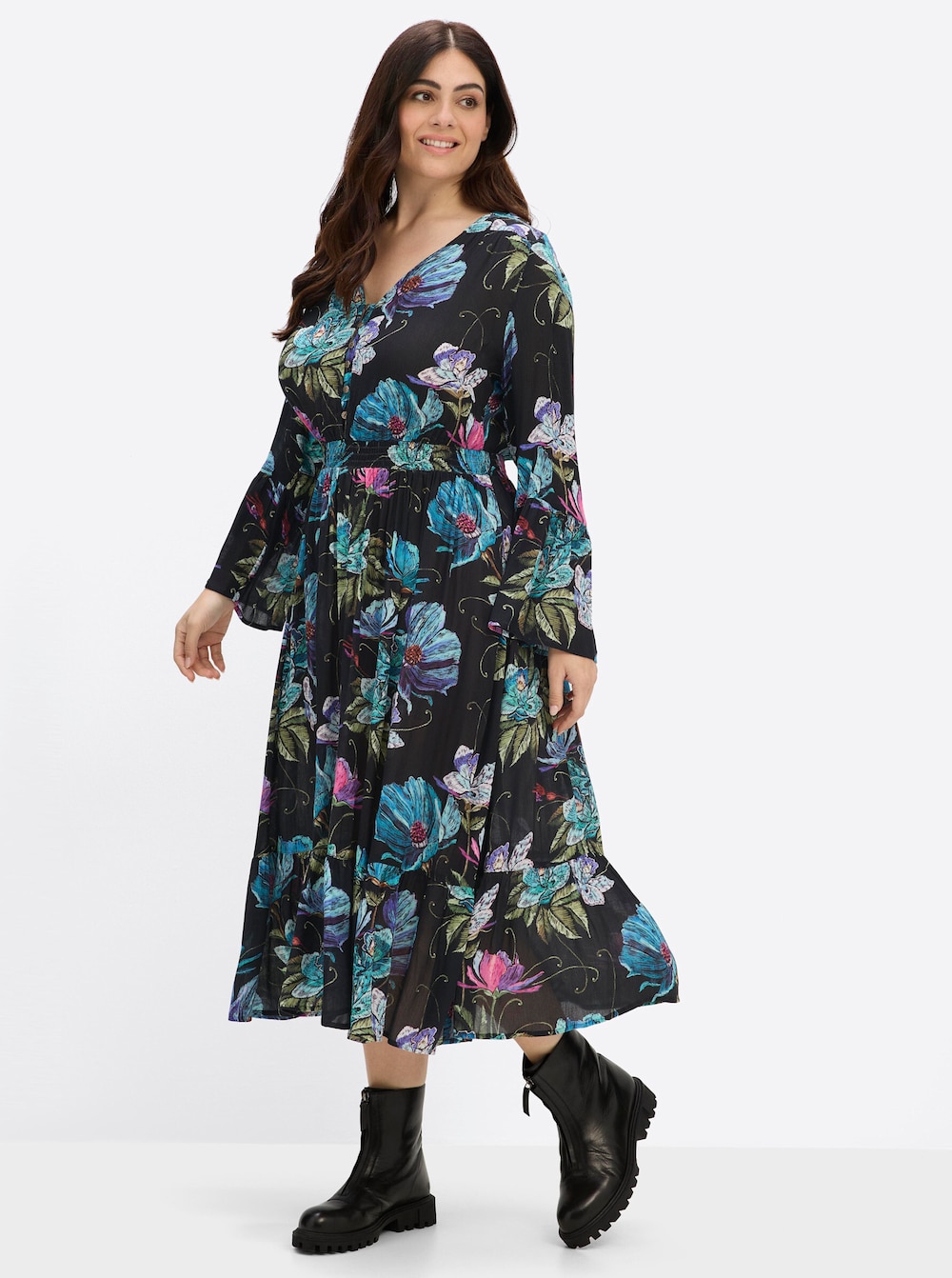 Maxikleid Maxikleid mit Blumendruck Langarm