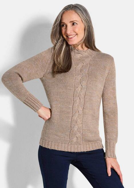 Hüftlanger Langarmpullover, Zopfstrick