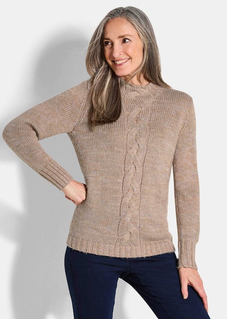 Hüftlanger Langarm Pullover, Zopfstrick