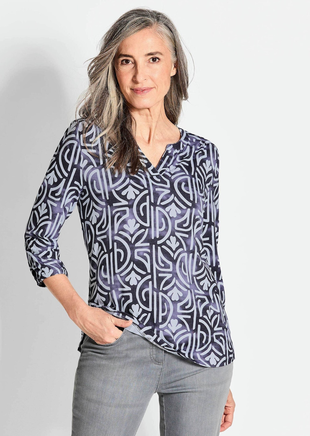 Jerseybluse Pinke Bluse mit Muster, Halbarm