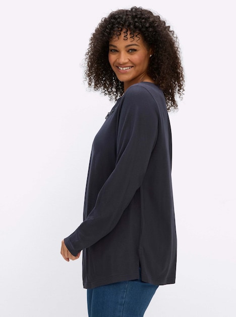 Langarm-Shirt Langarmshirt mit Zierperlen am Ausschnitt Langarm