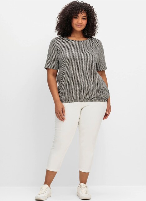 Rundhalsshirt Kurzarmshirt mit Minimal-Alloverdruck und Gummizugbund Kurzarm Sonstiges Muster Ohne Kragen