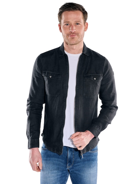 Herren Leinen Overshirt mit Zipper , Saphirblau