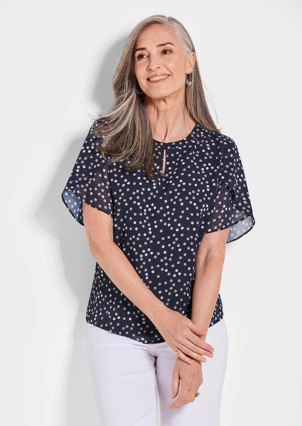 Chiffonbluse Damen mit Tupfen-Alloverprint und Rundhalsausschnitt