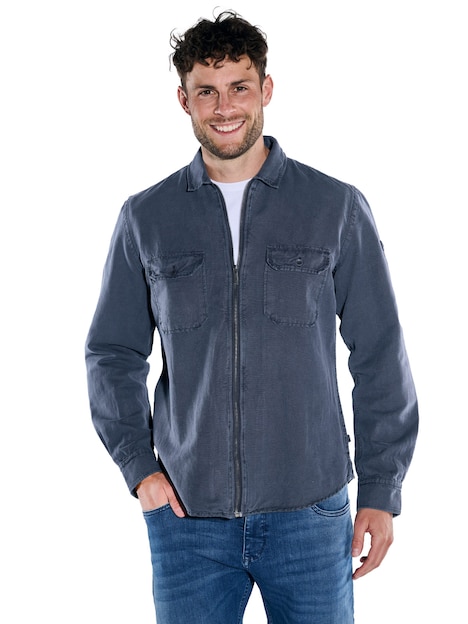 Herren Langarm-Hemd mit Leinenanteil , Marineblau