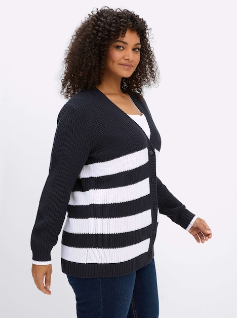 Cardigan Strickjacke mit Kontraststreifen Langarm Ohne Kragen