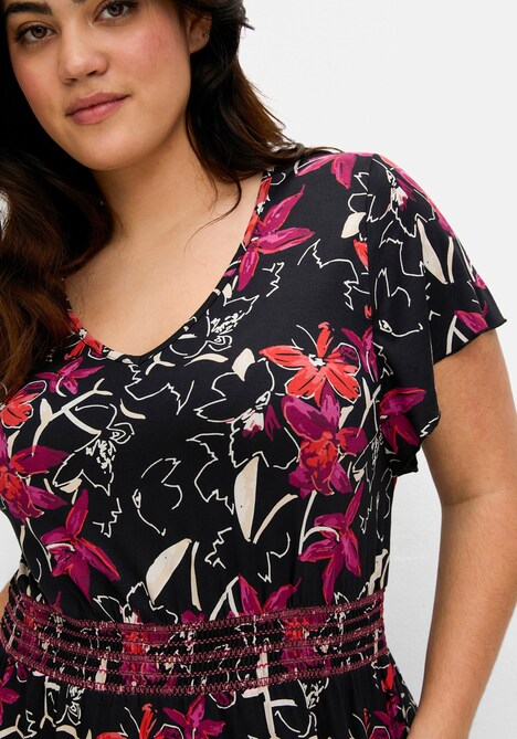 Jerseykleid Kurzarm Blumen Ohne Kragen