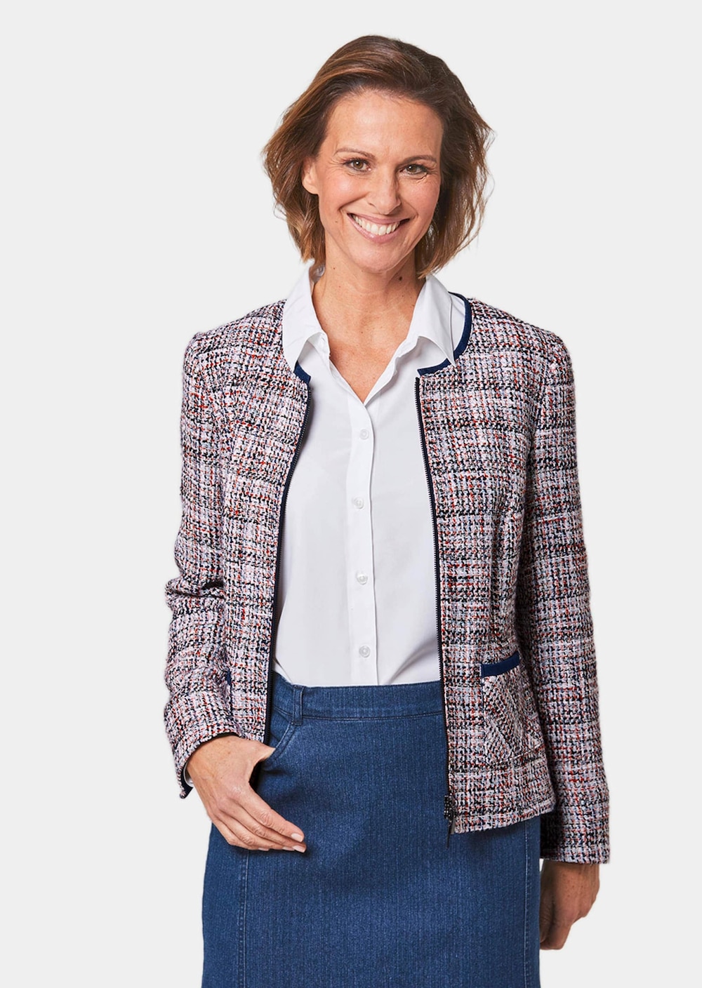 Edler Bouclé-Blazer mit Jeanspaspel