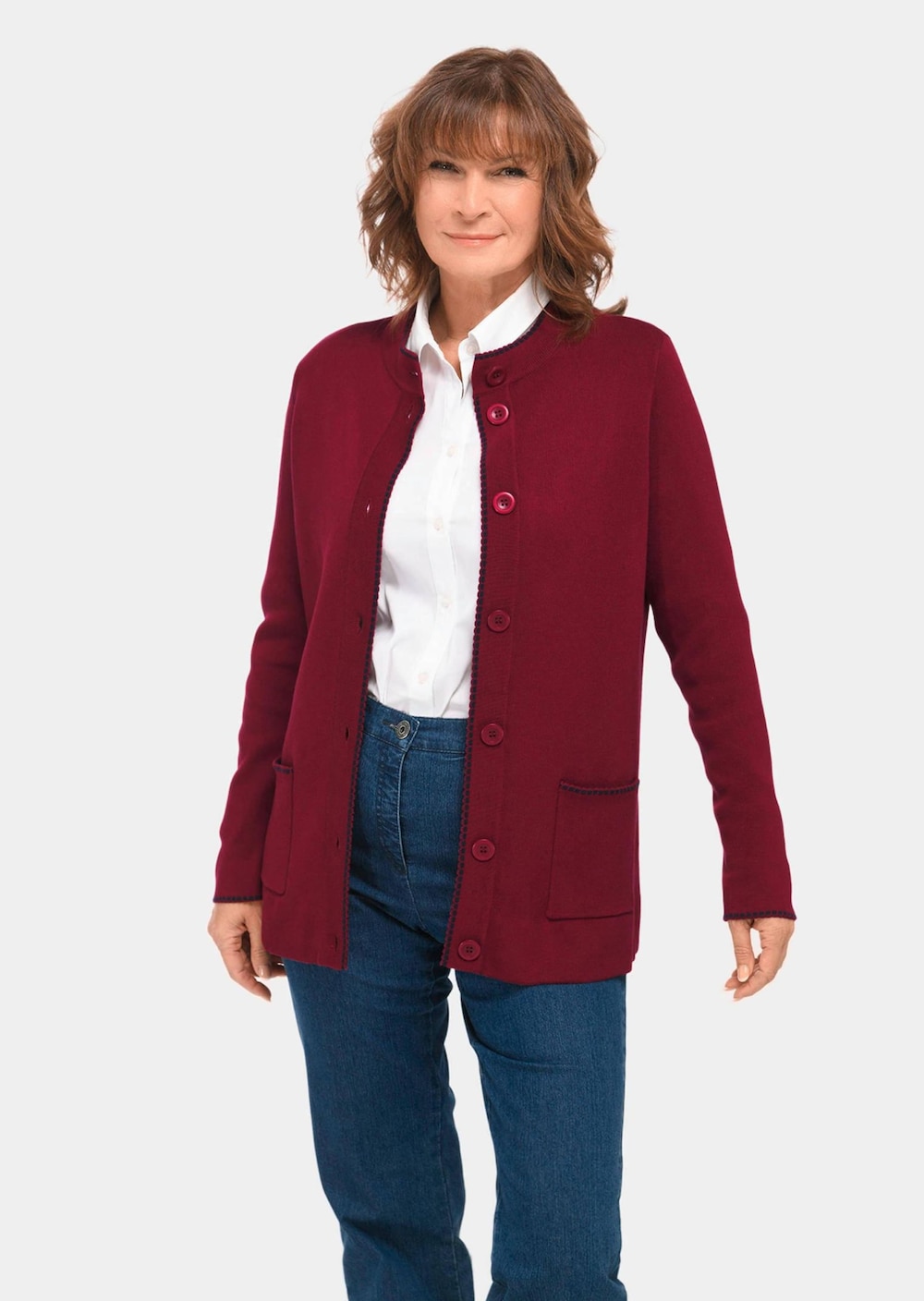Longstrickjacke mit kontrastfarbenen Zierkanten