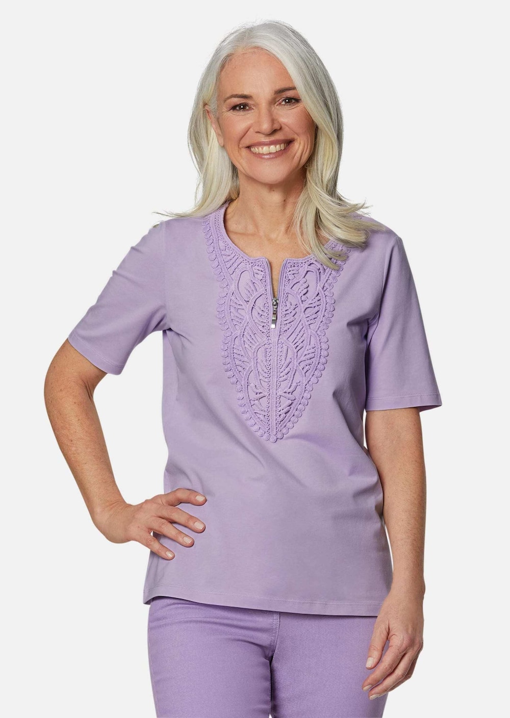 GOLDNER Kanten shirt Shirt met ronde hals en gehaakt kant