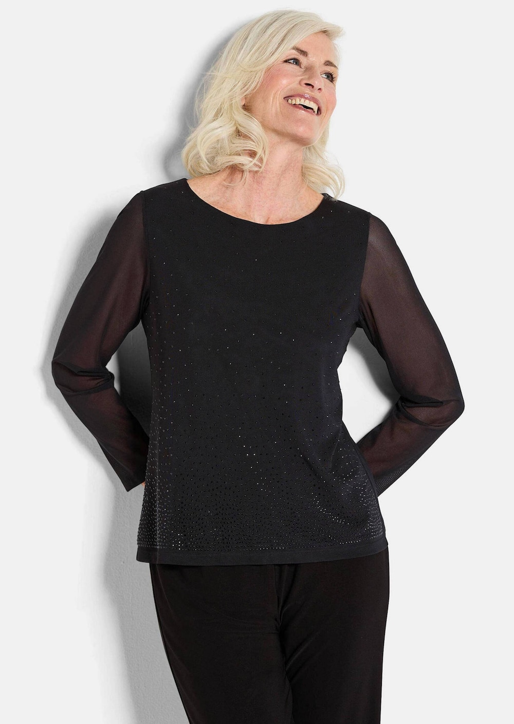 GOLDNER Shirt Shirt van mesh met glittersteentjes