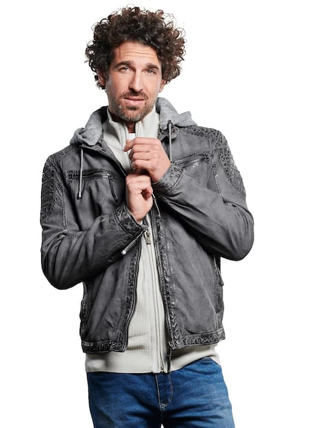 engbers Herren Lederjacke mit Sweat-Kapuze , Grau