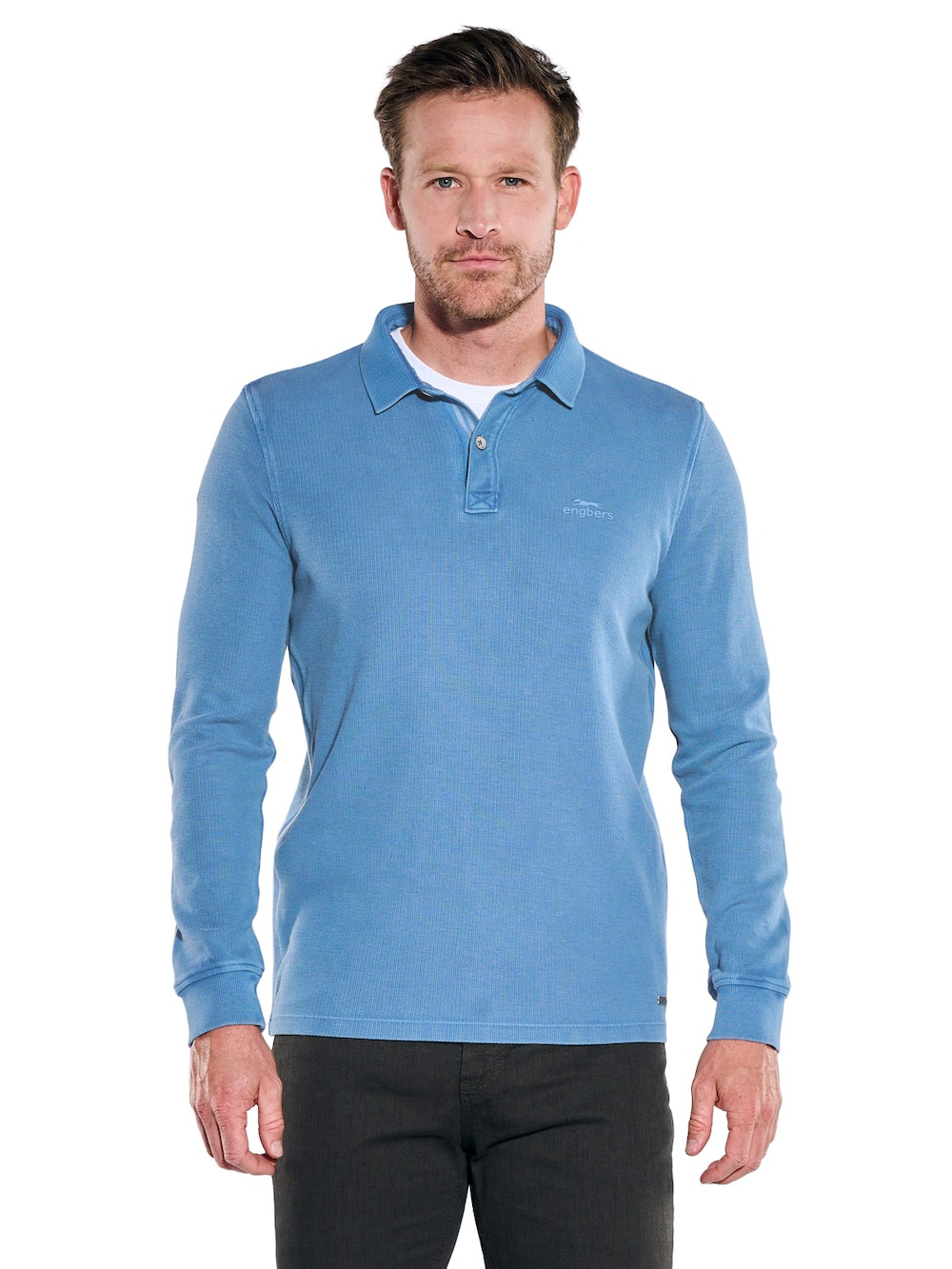 Herren Poloshirt langarm , Mittelblau